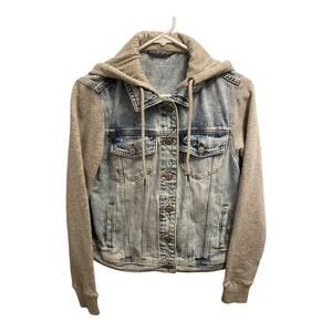 Aeropostale Women's M Hooded Denim Fleece Jean Jacket Gray Blue Trucker Grunge